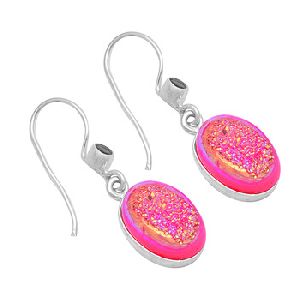 Pink Druzy Oval Aqua Chalcedony Gemstone earring