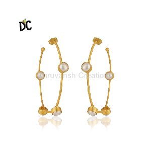Pearl Gemstone Brass Hoop Earring