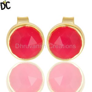 Pink Chalcedony Gemstone Stud Earring