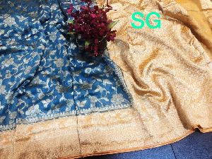 pure linen banarasi silk saree having contrast border rich pallu