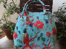 Bird Print Velvet Turquoise Color Handbag