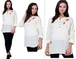 Cotton Cream Embroidered Long Tops