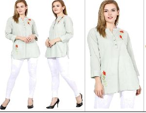 Cotton Light Green  Embroidered Long Tops