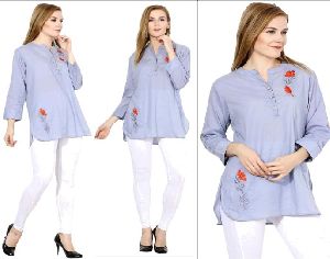 Cotton Light Grey Embroidered Long Tops