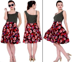 Poly Crepe Olive Green & Red Printed Dress