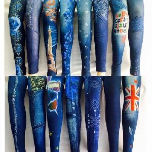 Ladies Printed Dark Blue Denim Jeans