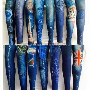 Ladies Printed Dark Blue Denim Jeans