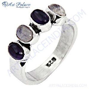 Fashionable Amethyst and Rainbow Moonstone Gemstone Silver Ring