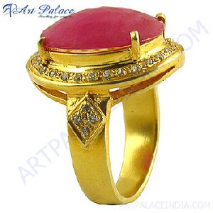 Gold Plated CZ and Glass Field Ruby Silver Ring