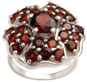 Floral Red Stone Silver Ring