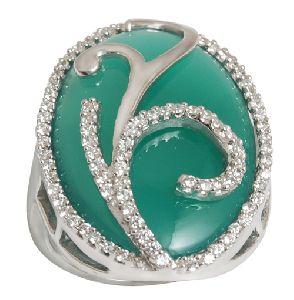 Green Agate Designer Silver Ring With CZ