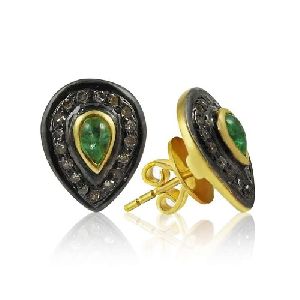 925 Sterling Silver Diamond, Emerald Stud Earrings