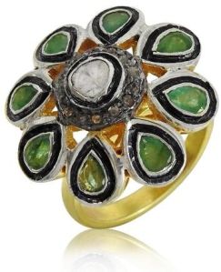 925 Sterling Silver Jewellery Ethnic Diamond, Inlay, Emerald Ring