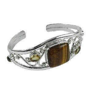 Amusable 925 Sterling Silver Tiger Eye, Citrine, Peridot Gemstone Bangle