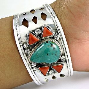 Big Natural!! 925 Sterling Silver Coral, Turquoise Bangle