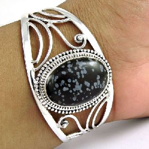 Classy ! Snowflake obsidian 925 Sterling Silver Bangle