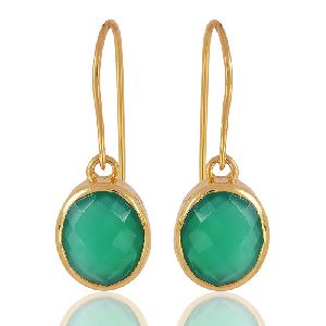 1 Micron gold plated 925 sterling silver base metal and Green Onyx dangle earrings