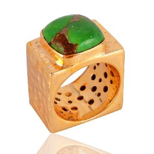 18K Gold Plated Green Mohave Copper Turquoise Hammered Handmade Ring
