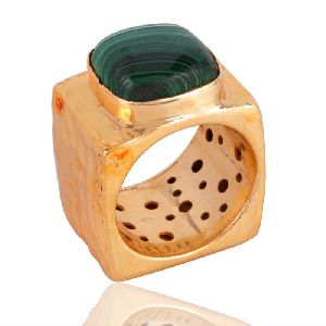 18K Gold Plated Malachite Hammered Handmade Ring