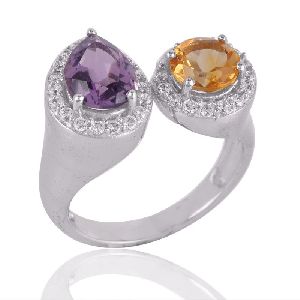 Amethyst and Citrine Silver CZ Cocktail Ring