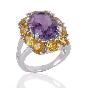 Amethyst and Yellow CZ Designer Silver Cocktail Ring
