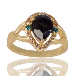 Black Gemstone Sky Blue Galss and White Cubic Zirconia Gold Plated Fashion Ring