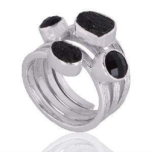 Black Onyx With Tektite Gemstone 925 Sterling Silver Ring