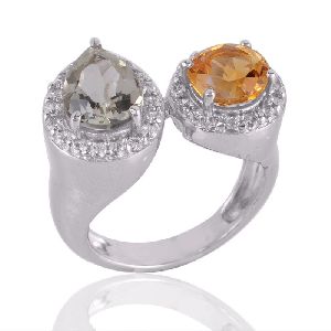 Citrine and Green Amethyst Silver CZ Cocktail Ring
