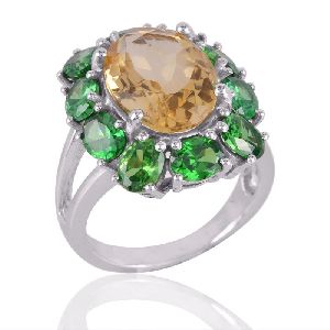 Citrine and Green CZ Designer Silver Cocktail Ring