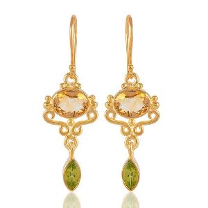 Citrine and Peridot Sterling Silver Filigree Design Silver Earring Gold Plated