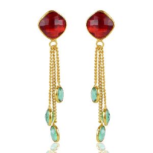 Colored Stone Gold Plated 925 Silver Tassel Earring
