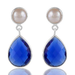 Galaxy Blue Stone And White Pearl Sterling Silver Earring