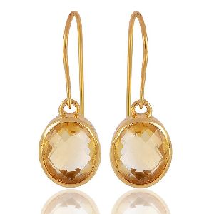 Gold Plated 925 Sterling Silver and Citrine Gemstone Dangle Earring