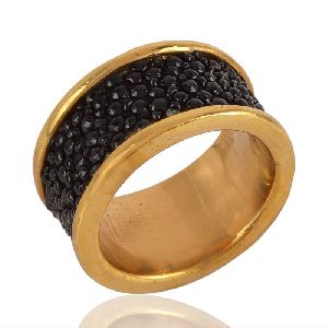 Gold Plated Band Ring Leather Over