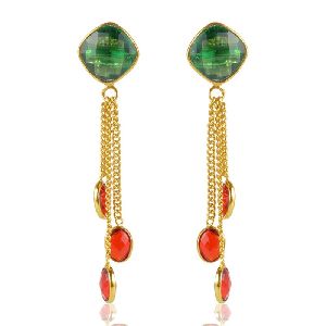 Green Stone And Red Stone Gold Plated Sterling Silver Tassel Earring