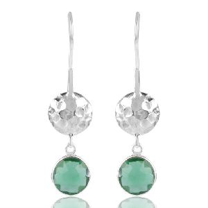 Green Stone Hammered Design 925 Solid Silver Earring