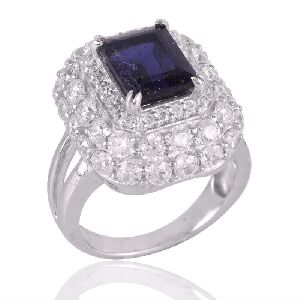 Iolite and Cubic Zircon CZ Silver Engagement Ring