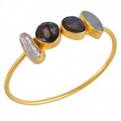 Labradorite Onyx and Biwa Pearl Gold Plated Fashion Bangle Bracelet