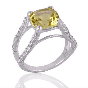 Lemon Quartz and CZ Silver Engagement Ring