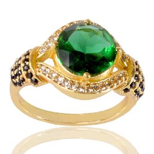 Light Green Gemstone Black Spinal Gemstone And White Cubic Zirconia Gold Plated Brass Ring