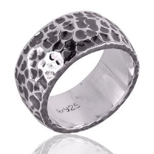 Mens Oxidized 925 Silver Hammered Band Ring