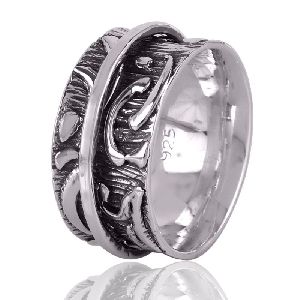 Mens Oxidized Solid Silver Textured Band Spiner Ring