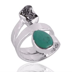 Meteorite Rough And Tibetan Turquoise Gemstone 925 Sterling Silver Ring