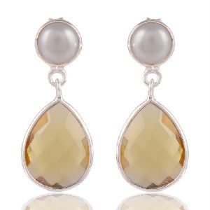 Pearl And Yellow Stone Sterling Silver Drop