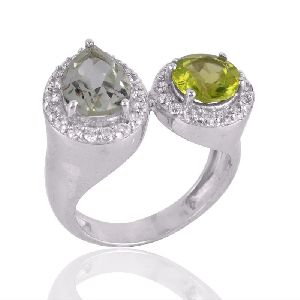 Peridot and Green Amethyst Silver CZ Cocktail Ring
