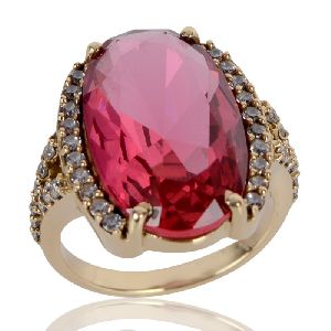 Pink Gemstone and White Cubic Zirconia Gold Plated Fashion Designer Ring