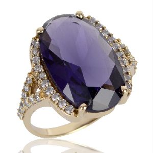 Purple Gemstone and White Cubic Zirconia Gold Plated Fashion Designer Ring