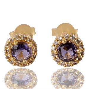 Purple Gemstone And White Cubic Zirconia Gold Plated Stud Earring