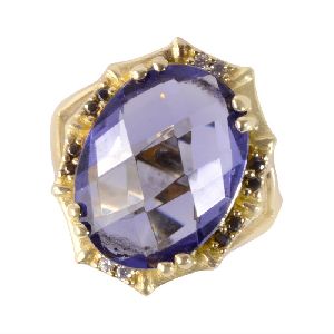 Purple Swarovski Glass, Black Spinal Glass and White Cubic Zirconia Yellow Gold Plated Fashion Ring