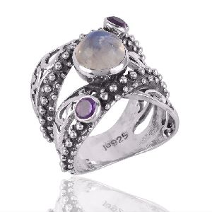 Rainbow Moonstone and Amethyst Sterling Silver Designer Ring